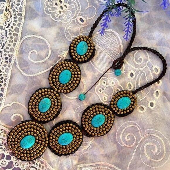 Turquoise Gold & Brown Medallion Handcrafted Crochet Necklace 22" 24" - Picture 1 of 13